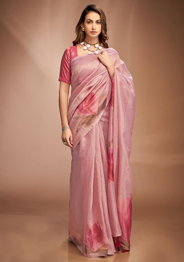 Light Pink Printed Silk Saree Set