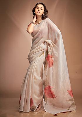 Cream Printed Silk Saree Set