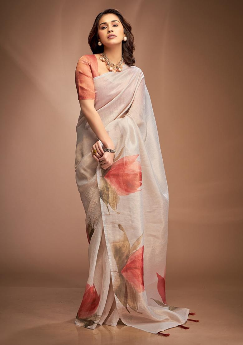 Cream Printed Silk Saree Set
