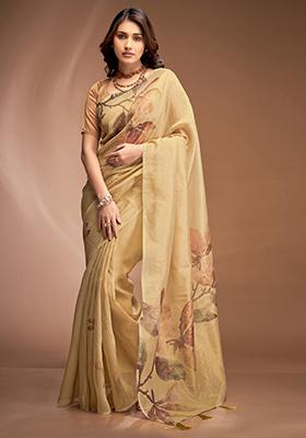 Yellow Printed Silk Saree Set