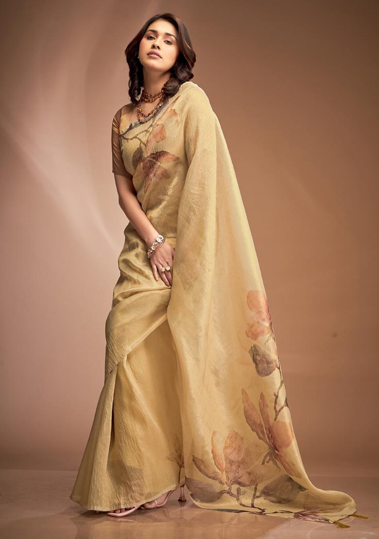 Yellow Printed Silk Saree Set