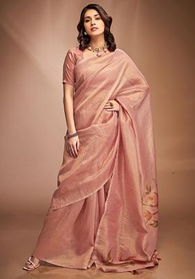 Peach Printed Silk Saree Set