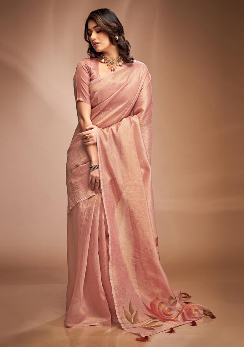 Peach Printed Silk Saree Set