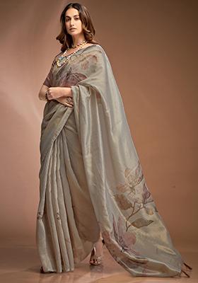 Grey Printed Silk Saree Set