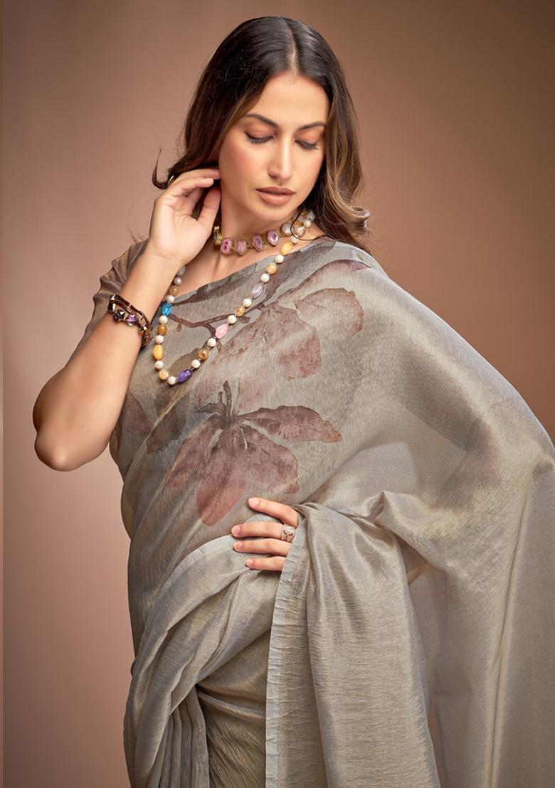 Grey Printed Silk Saree Set