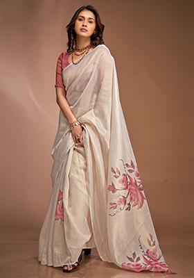Off White Printed Silk Saree Set