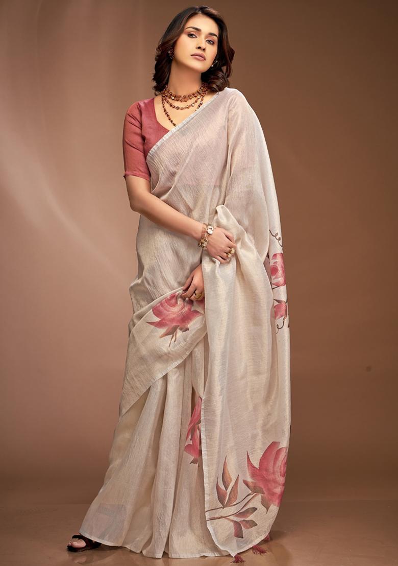 Off White Printed Silk Saree Set