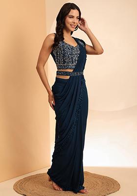 Blue Hand Embroidered Silk Saree Set