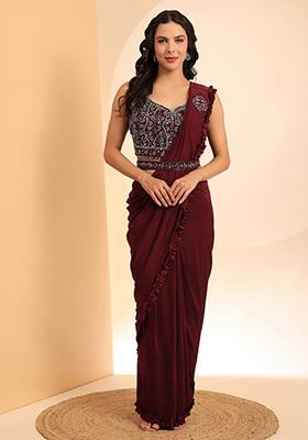 Maroon Hand Embroidered Silk Saree Set