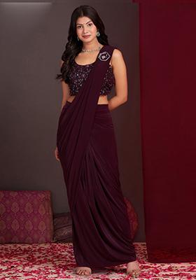 Wine Embroidered Silk Saree Set
