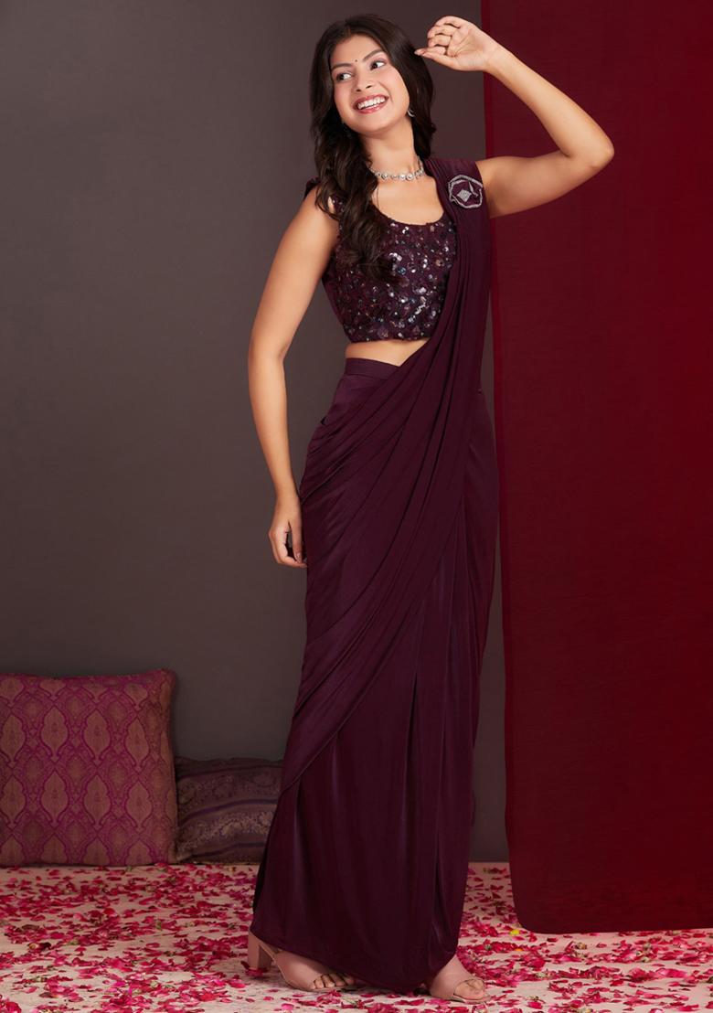 Wine Embroidered Silk Saree Set