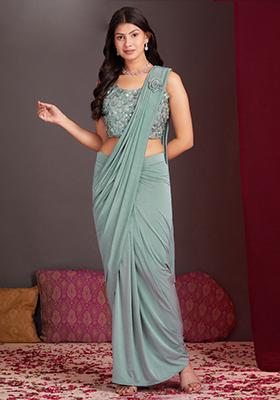 Sea Green Embroidered Silk Saree Set