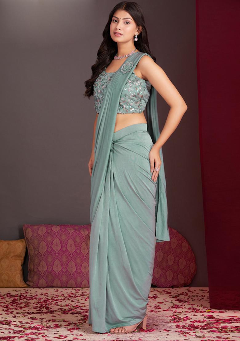 Sea Green Embroidered Silk Saree Set