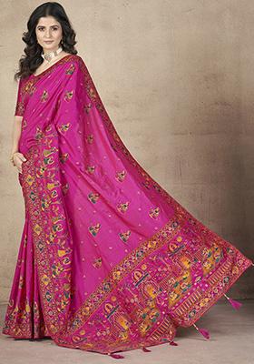 Dark Pink Embroidered Pashmina Silk Saree Set