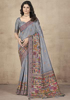 Grey Embroidered Pashmina Silk Saree Set