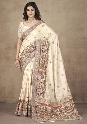 Peach Embroidered Pashmina Silk Saree Set