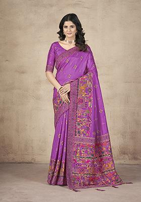 Purple Embroidered Pashmina Silk Saree Set