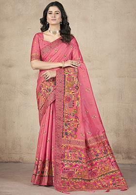 Pink Embroidered Pashmina Silk Saree Set