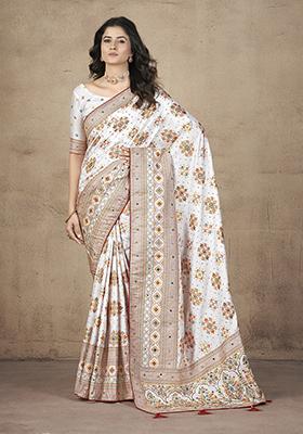 White Embroidered Pashmina Silk Saree Set