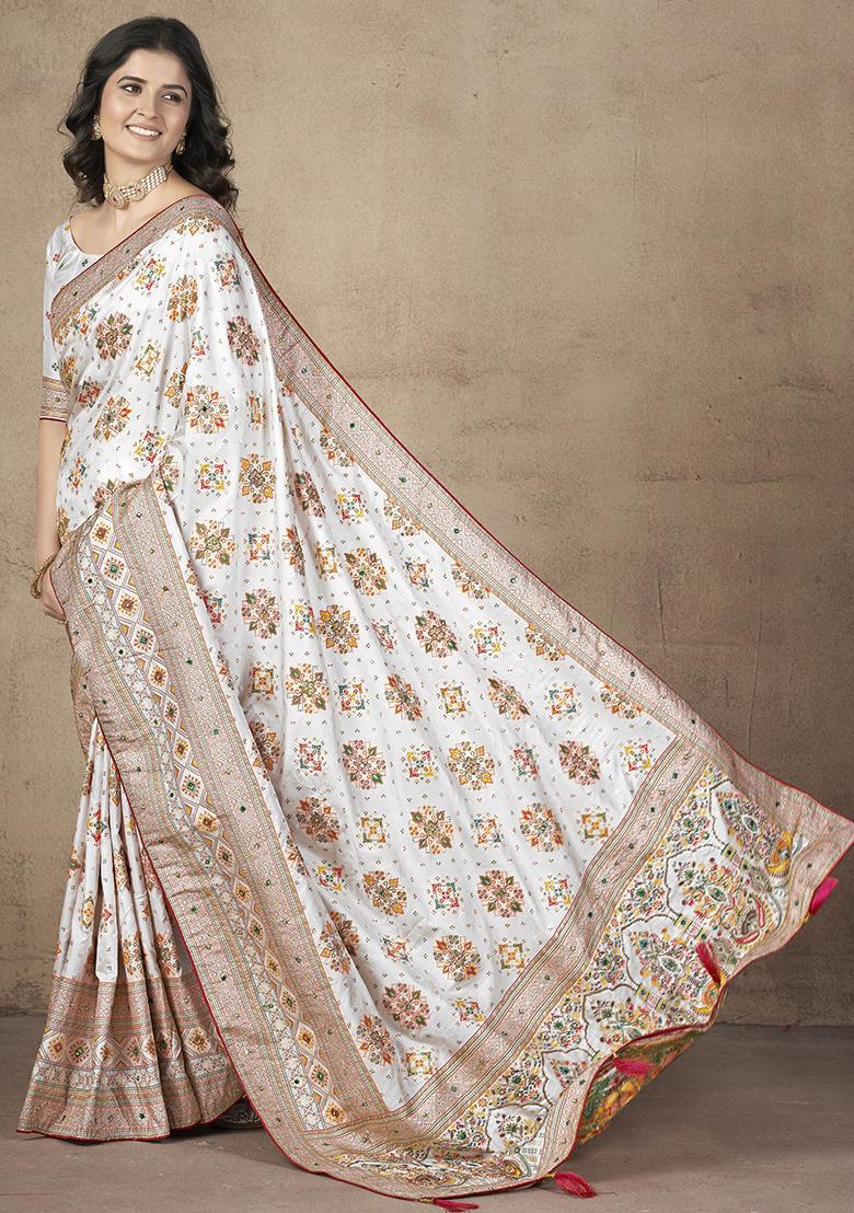 White Embroidered Pashmina Silk Saree Set