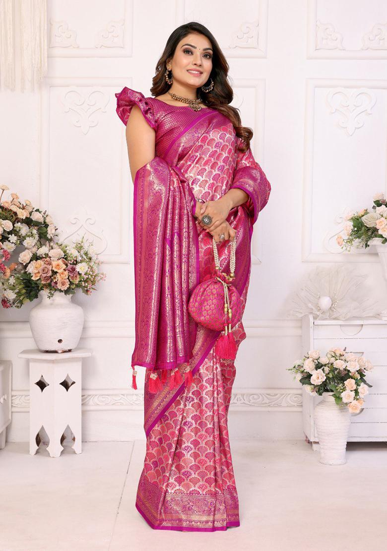 Pink Zari Work Silk Saree Set