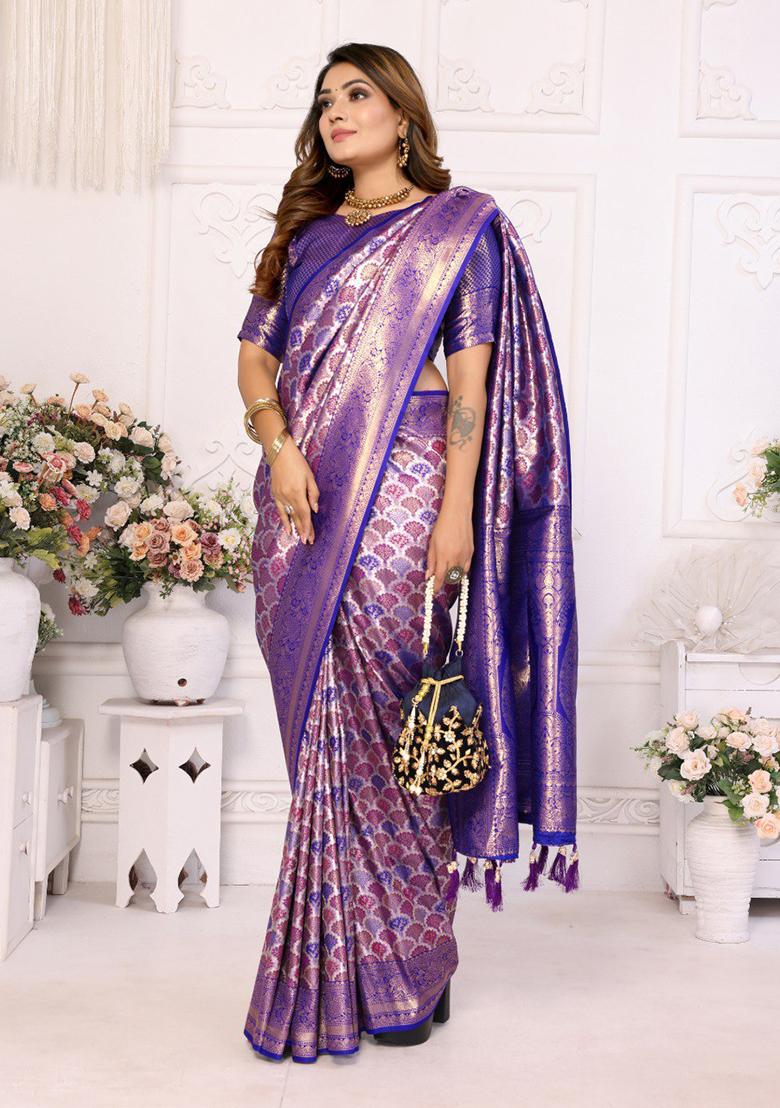 Lavender Zari Work Silk Saree Set