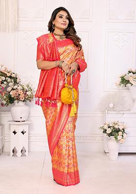 Orange Zari Work Silk Saree Set