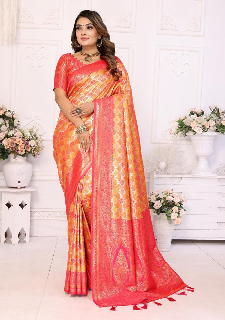 Orange Zari Work Silk Saree Set
