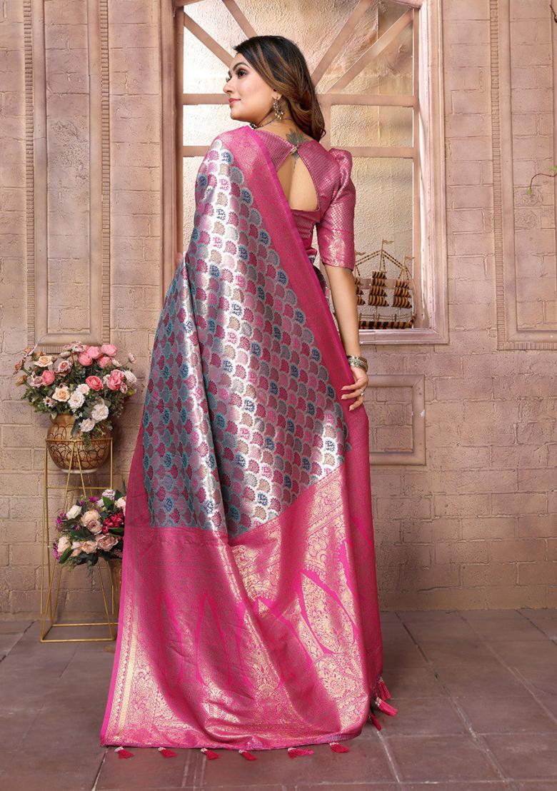 Rani Pink Zari Work Silk Saree Set