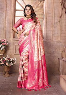 Cream Zari Work Silk Saree Set
