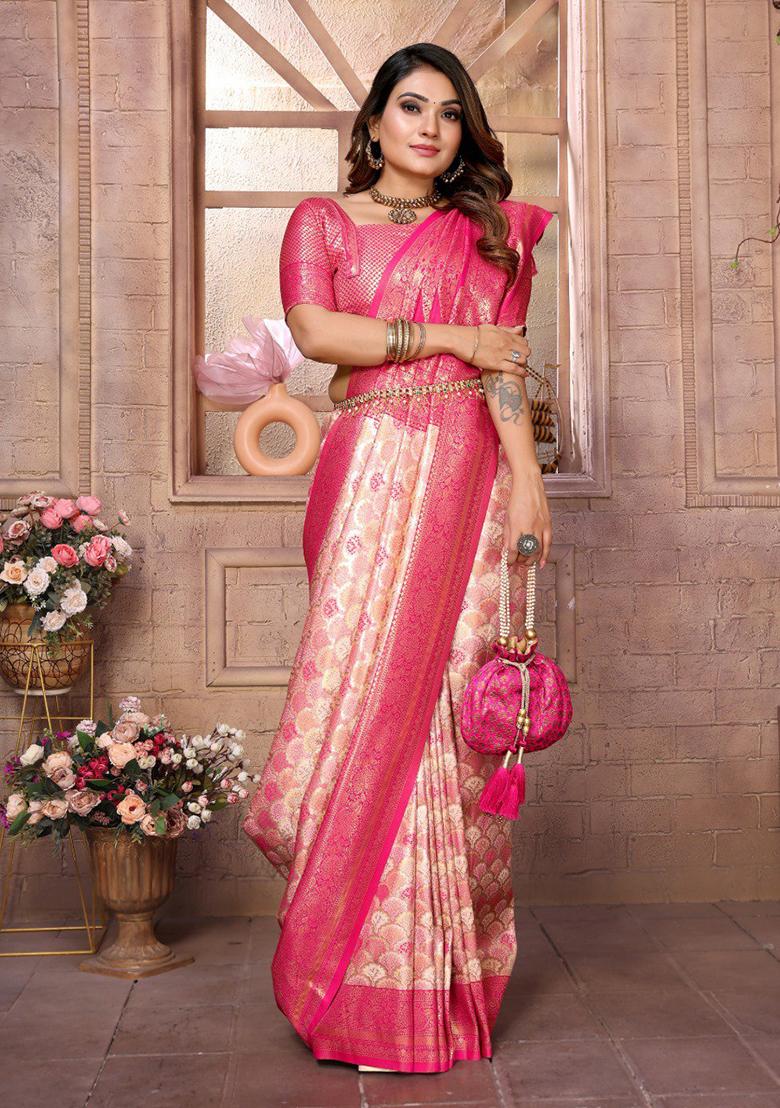 Cream Zari Work Silk Saree Set