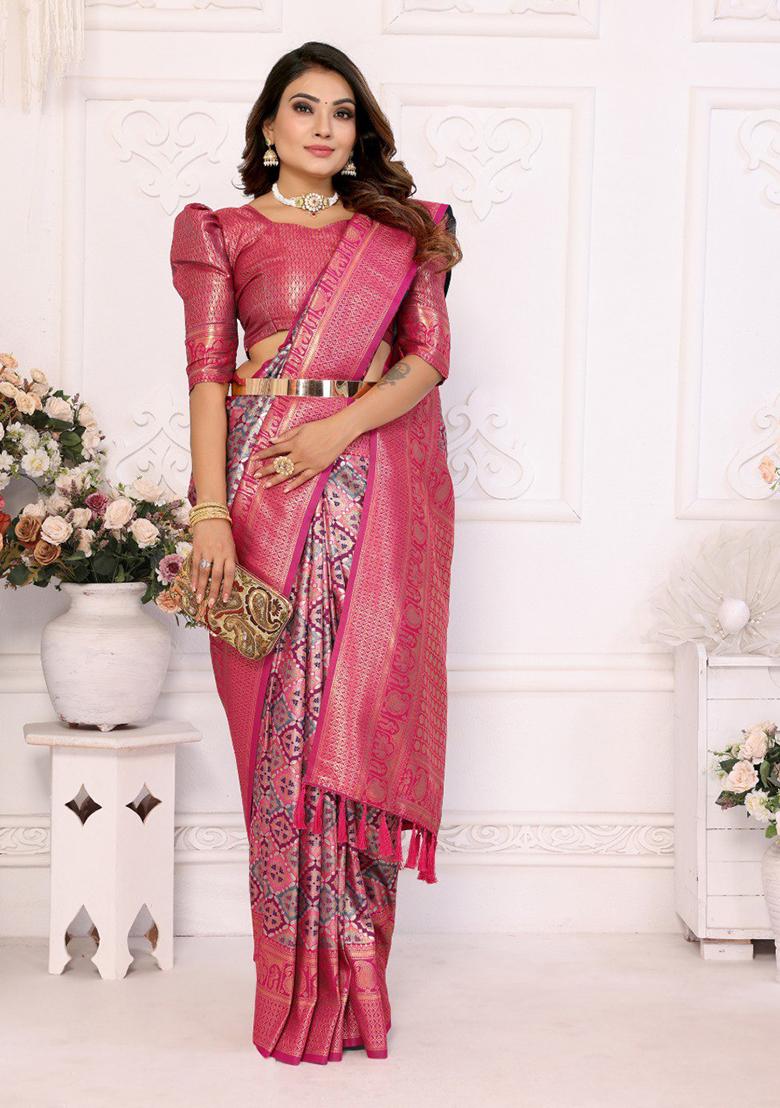 Peach Zari Work Silk Saree Set