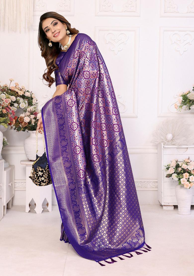 Royal Blue Zari Work Silk Saree Set