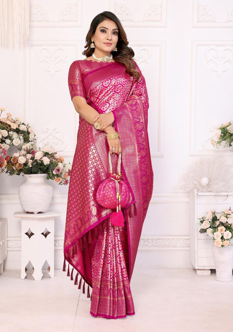 Pink Zari Work Silk Saree Set