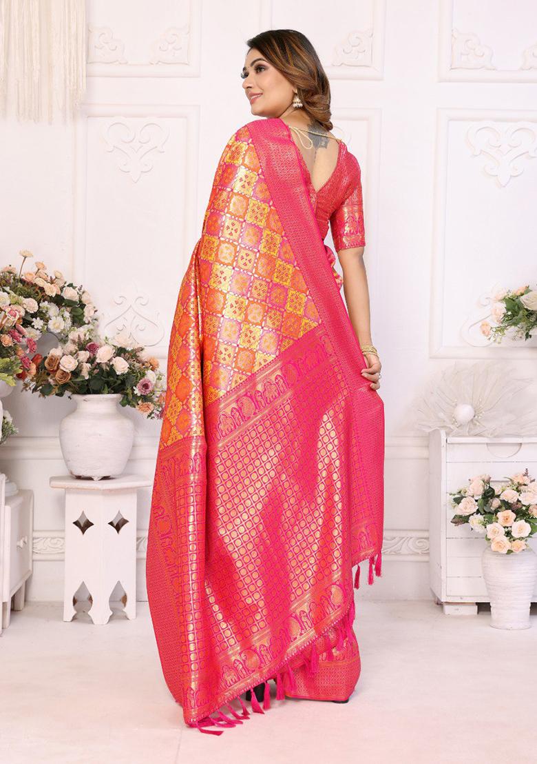 Orange Zari Work Silk Saree Set