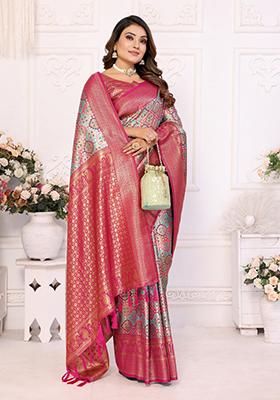 Sea Green Zari Work Silk Saree Set