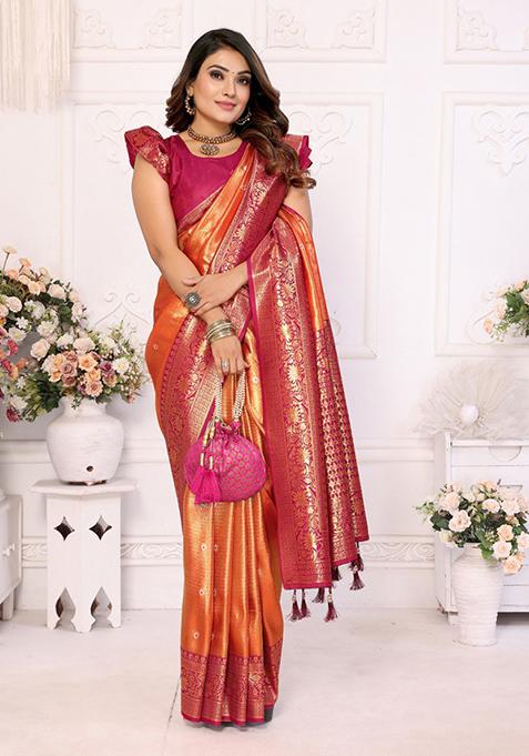 Orange Zari Work Silk Saree Set