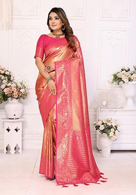 Light Orange Zari Work Silk Saree Set
