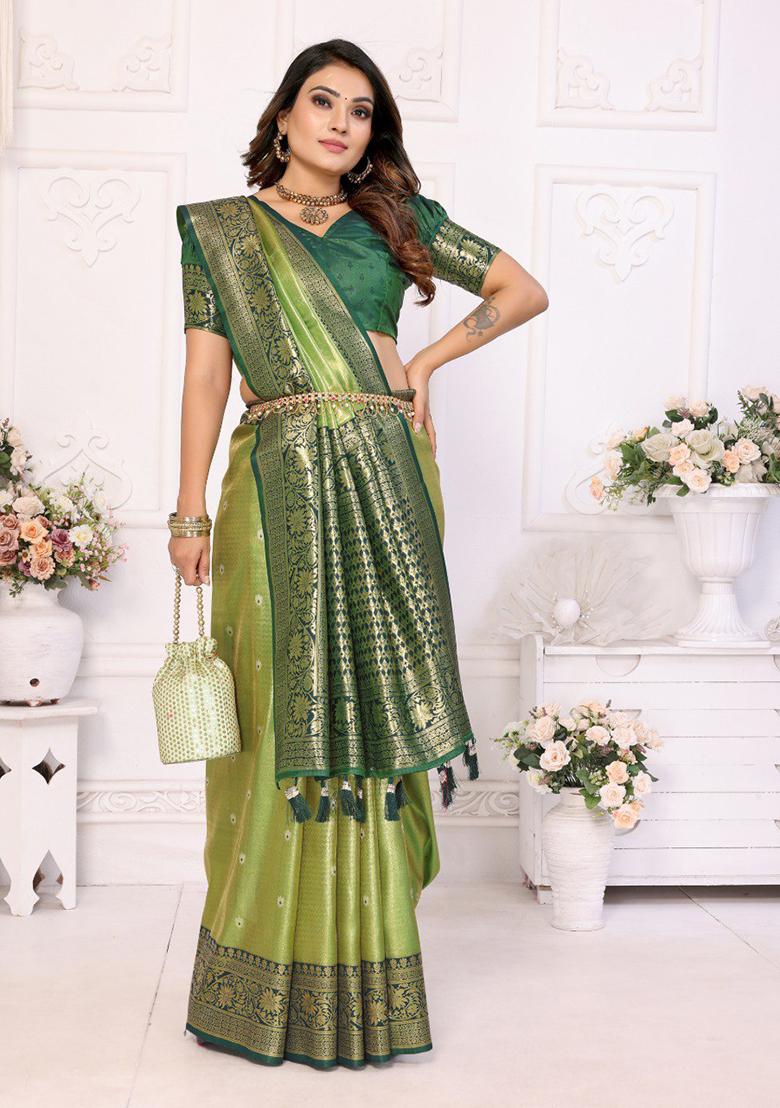 Light Green Zari Work Silk Saree Set