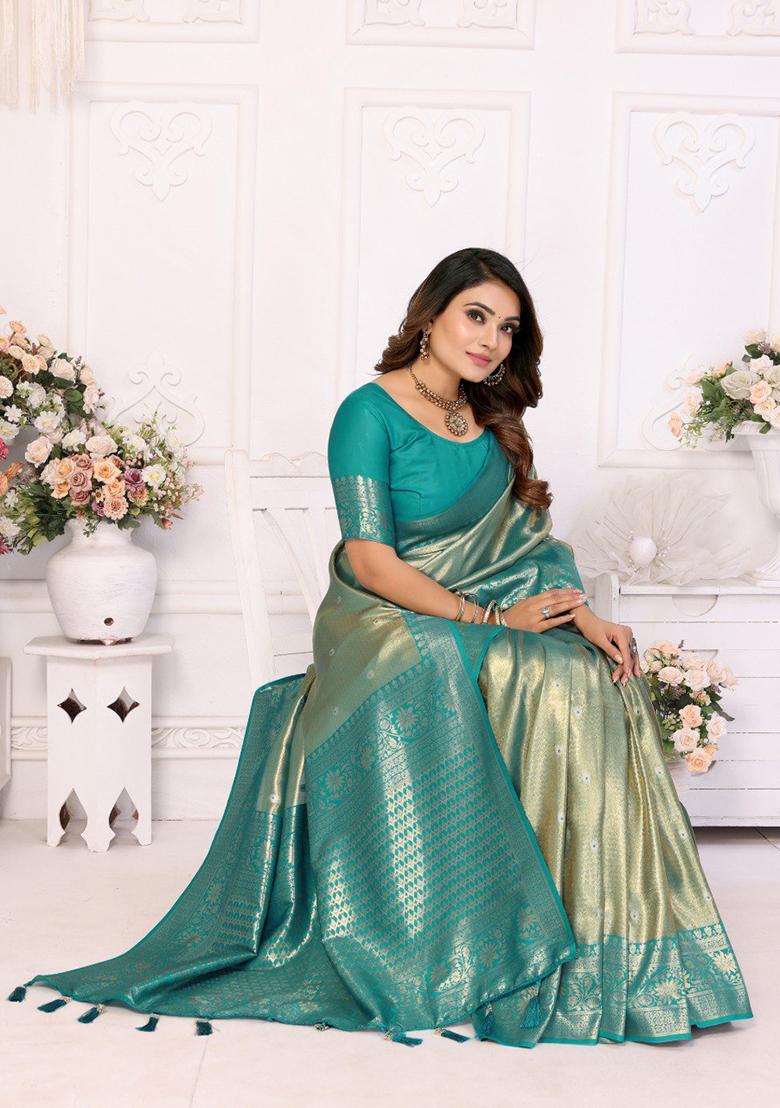 Blue Zari Work Silk Saree Set