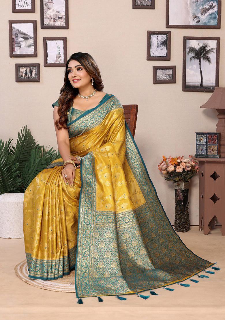 Yellow Meenakari Work Silk Saree Set
