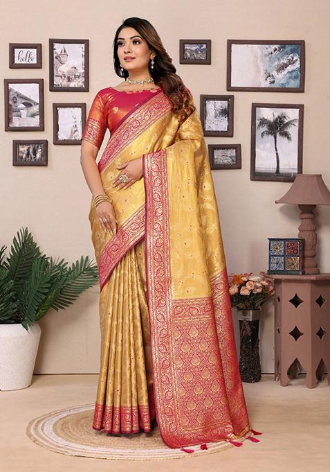 Golden Meenakari Work Silk Saree Set