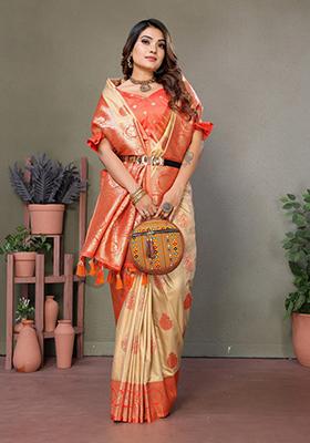 Orange Zari Work Silk Saree Set