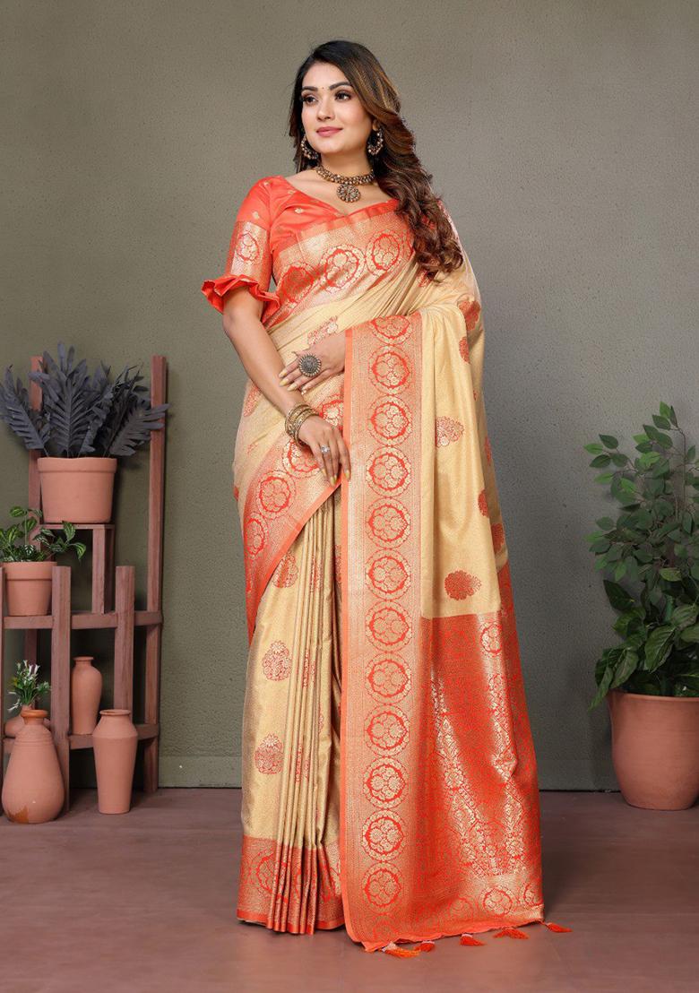 Orange Zari Work Silk Saree Set