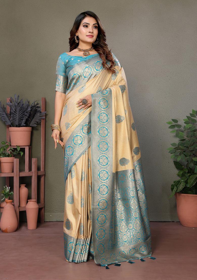 Light Blue Zari Work Silk Saree Set
