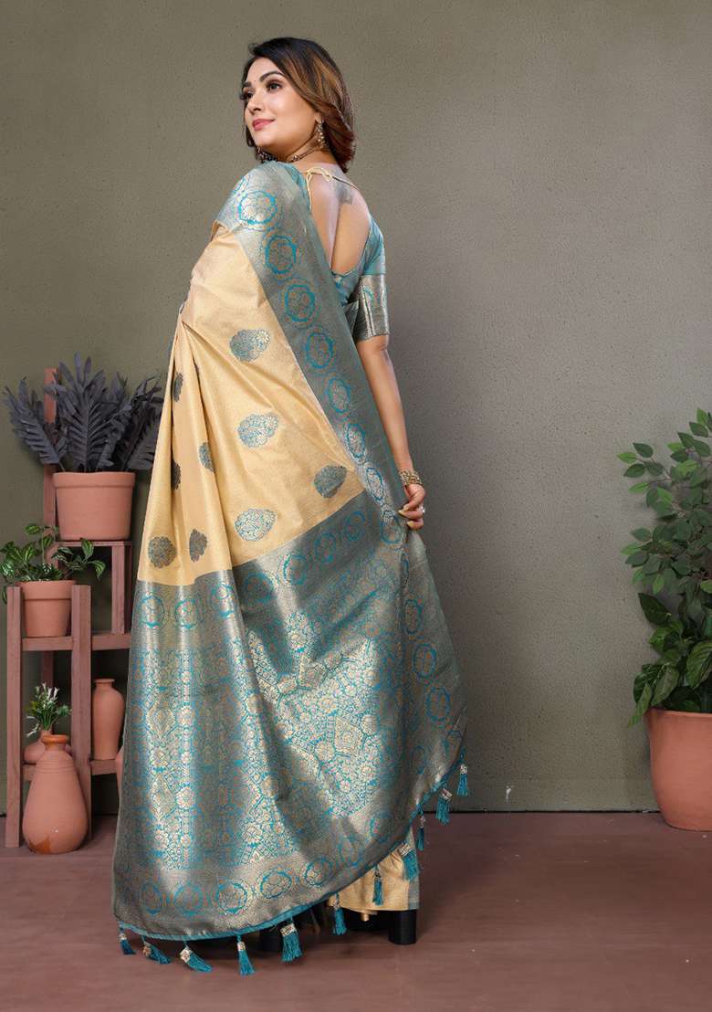 Light Blue Silk Blend Saree Set with Zari Work for Diwali | Wedding & Festive Wear - Indya