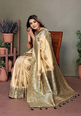 Dark Green Zari Work Silk Saree Set