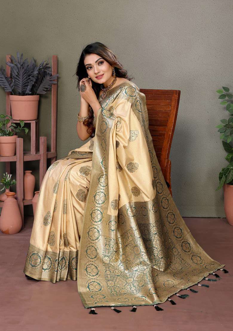 Dark Green Zari Work Silk Blend Saree Set for Diwali and Festive Wear - Indya