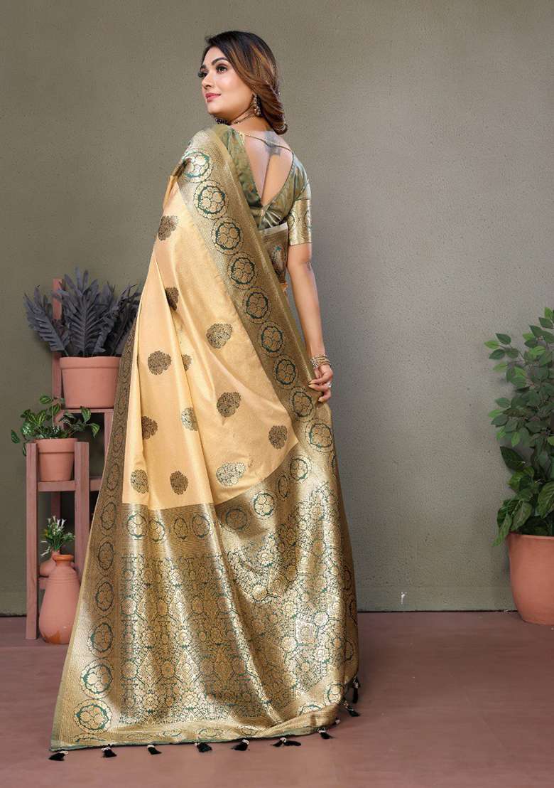 Dark Green Zari Work Silk Blend Saree Set for Diwali and Festive Wear - Indya