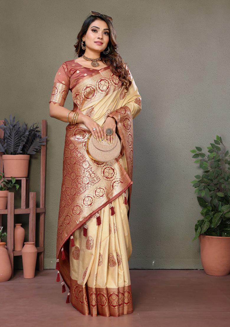 Brown Zari Work Silk Saree Set